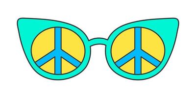 Neon groovy sunglasses on a white background, vintage hippie accessory. Cat eye frame, peace sign pattern on glass. Retro sticker, nostalgic vector doodle element in 70s style.