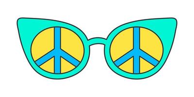 Neon groovy sunglasses on a white background, vintage hippie accessory. Cat eye frame, peace sign pattern on glass. Retro sticker, nostalgic vector doodle element in 70s style.