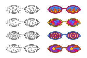 Cute coloring page, 70s style hippie oval sunglasses. Retro colors and contour doodle elements on a white background, a simple illustration for children. Print with check, stars and fire. vector