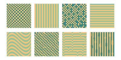 Groovy checkered pattern set, vintage aesthetic backgrounds, psychedelic retro checkerboard texture. Funky hippie fashion textile print, retro background with distorted grid tile vector pattern set