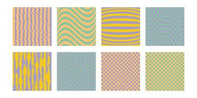 Groovy hippie chessboard pattern set. Retro 60s 70s psychedelic design. Gingham vintage vector wallpaper collection for print templates.