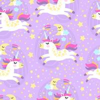 Seamless pattern doodle unicorns in starry sky vector illustration