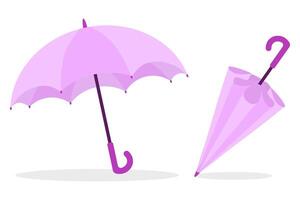 Set of isolated open and folded purple umbrella vector