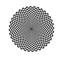 Checkered circle background. Circle with checkerboard geometric pattern. Optical chess round background with radiating lines and black and white squares. Vector illustration on white background