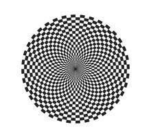 Checkered circle background. Circle with checkerboard geometric pattern. Optical chess round background with radiating lines and black and white squares. Vector illustration on white background