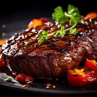 AI generated grilled beef steak with sauce and garnish on black background photo