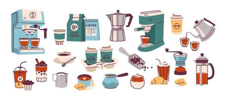 Coffee accessories set, coffee machine, coffee cup, cezve, kettle, teapot, paper cups. Flat vector illustration in minimalistic style on white background