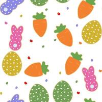 Easter pattern with eggs, carrots, bunnies and hearts in bright colors. vector