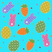 Easter pattern with eggs, carrots, bunnies and hearts in bright colors. vector