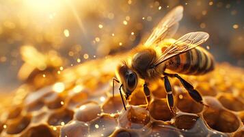 ai generado abejas en panal antecedentes foto