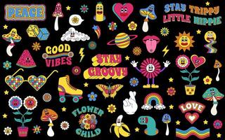 Groovy set. Groovy hippie 70s set. Sticker pack in trendy retro psychedelic cartoon style. Isolated vector illustration