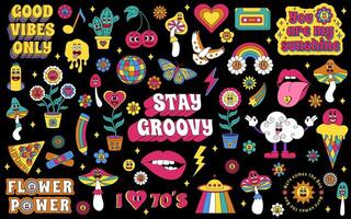 Groovy set. Groovy hippie 70s set. Sticker pack in trendy retro psychedelic cartoon style. Isolated vector illustration