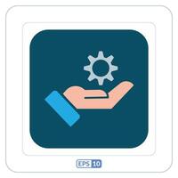 Handmade product flat icon with rectangular dark background. Hand holding a gear wheel icon vector