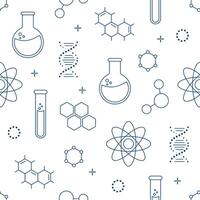 Seamless pattern on the topic of chemistry with flasks, test tubes, molecules vector