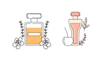 conjunto de diferente perfume botellas con ingredientes vector