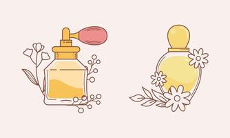 conjunto de diferente perfume botellas con ingredientes vector