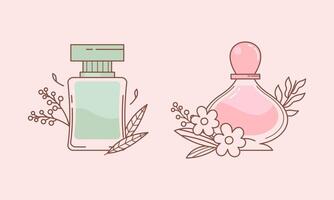 conjunto de diferente perfume botellas con ingredientes vector