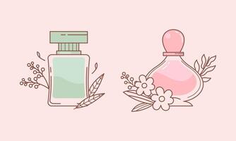 Set of different perfume bottles with ingredients vector