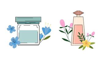 Set of different perfume bottles with ingredients vector
