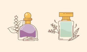 conjunto de diferente perfume botellas con ingredientes vector