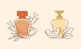 conjunto de diferente perfume botellas con ingredientes vector