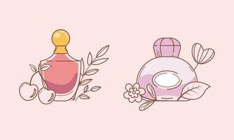 conjunto de diferente perfume botellas con ingredientes vector