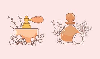 conjunto de diferente perfume botellas con ingredientes vector