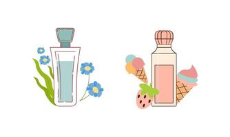 conjunto de diferente perfume botellas con ingredientes vector