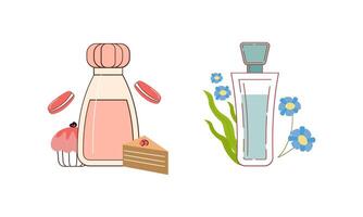 conjunto de diferente perfume botellas con ingredientes vector