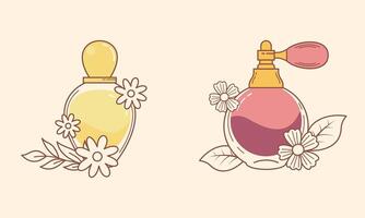 conjunto de diferente perfume botellas con ingredientes vector