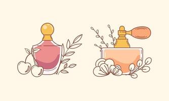 conjunto de diferente perfume botellas con ingredientes vector