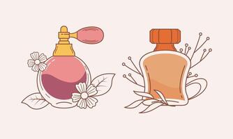 conjunto de diferente perfume botellas con ingredientes vector