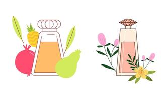 conjunto de diferente perfume botellas con ingredientes vector