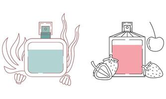 Set of different perfume bottles with ingredients vector