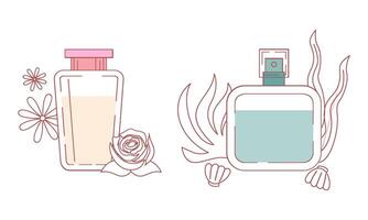 conjunto de diferente perfume botellas con ingredientes vector