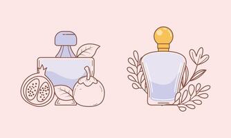 conjunto de diferente perfume botellas con ingredientes vector