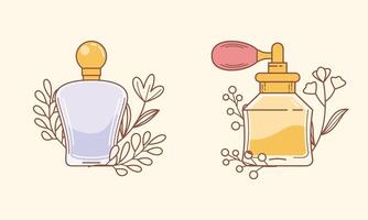 conjunto de diferente perfume botellas con ingredientes vector