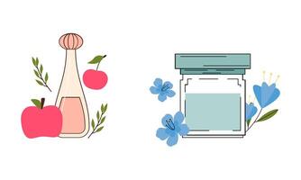 conjunto de diferente perfume botellas con ingredientes vector