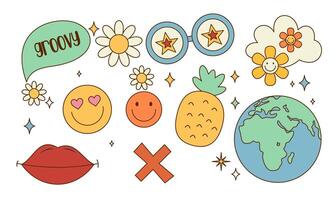 Sticker pack groovy hippie 70s set. Trendy retro psychedelic cartoon style vector