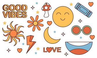 Sticker pack groovy hippie 70s set. Trendy retro psychedelic cartoon style vector