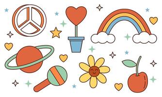 Sticker pack groovy hippie 70s set. Trendy retro psychedelic cartoon style vector