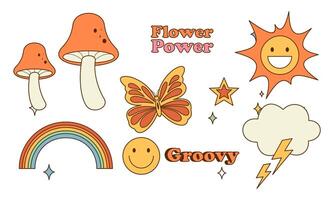 Sticker pack groovy hippie 70s set. Trendy retro psychedelic cartoon style vector