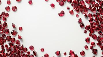 AI generated Ruby gemstones scattered on a white background with empty space in the center photo