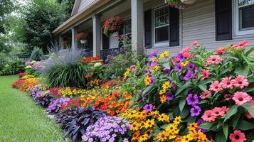 ai generado un hermosamente mantenido casa y jardín exhibiendo vibrante anual y perenne jardines en lleno floración foto