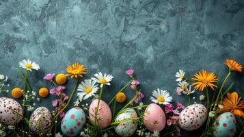 AI generated Easter-themed backdrop featuring spring flowers and Easter eggs photo
