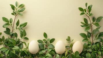 AI generated Easter eggs and green branches arranged on a beige background photo