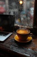 AI generated A cup of coffee sits beside a laptop on a coffee table photo