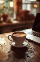 AI generated A cup of coffee sits beside a laptop on a coffee table photo