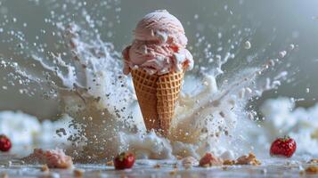 AI generated Ice Cream Cone Splashing Into Water photo