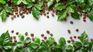 AI generated Coffee Beans and Green Leaves on a White Surface photo